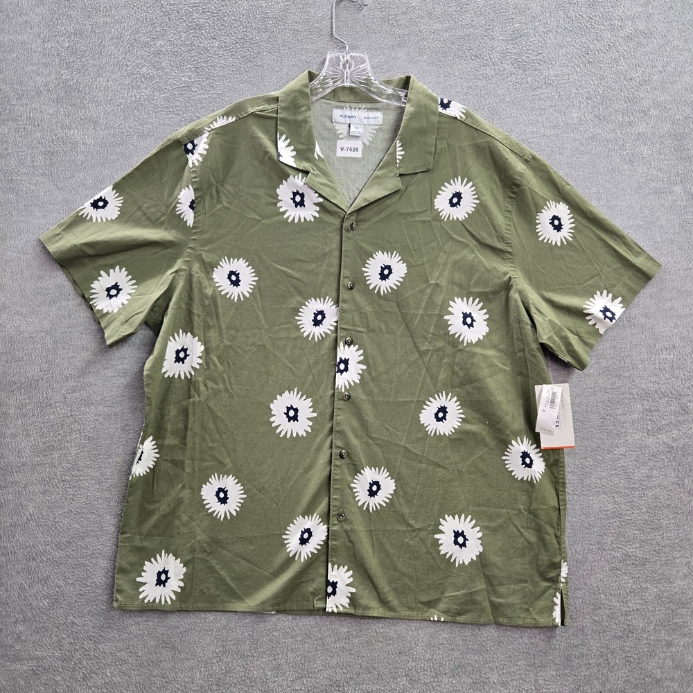 Old Navy Men Button Up Shirt XL Green Floral Built In Flex Hawaiian Collar‎ NWT